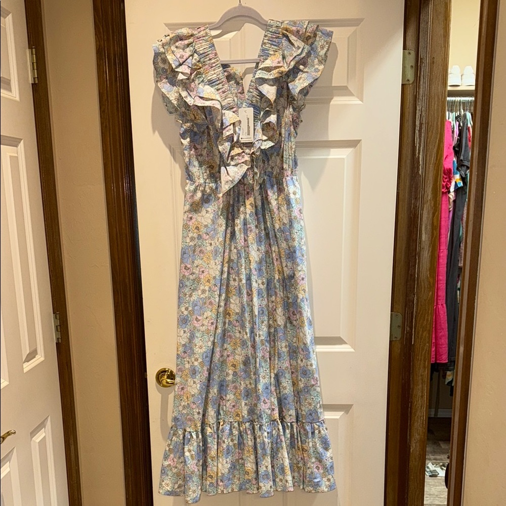Floral Ruffle Kids Dress - Blue and White